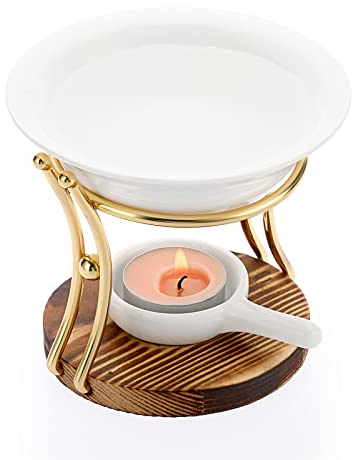 TOLIDA Keramik Duftlampe mit Kerzenhalter Eisen Aromatherapie Brenner mit Holzsockel Ätherisches Öl Aromadiffusor Räuchergefäß Wachsschmelzbrenner Gold für Schlafzimmer Wohnzimmer Yoga