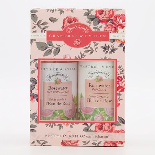 Crabtree & Evelyn | Drawn From Nature Collection - Rosewater Bath & Shower Gel + Body Lotion | 16.9 oz EACH, Gift Set