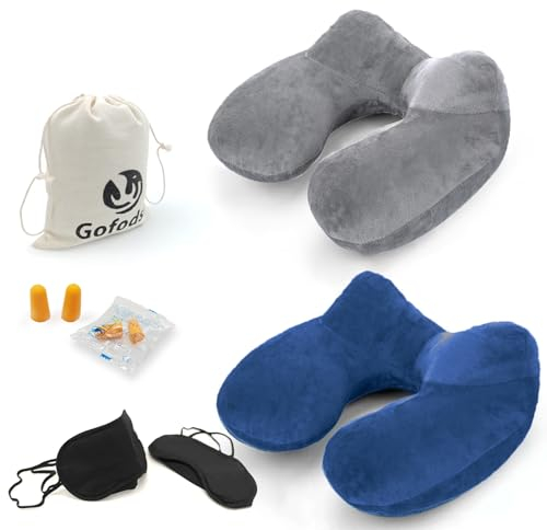 Gofodsil Nackenkissen Aufblasbar für Flugzeug Camping Züge und Autos mit Augenbinde Ohrstöpseln, Tragbares Travel Pillow, Nackenkissen Flugzeug Aufblasbar 2er Set