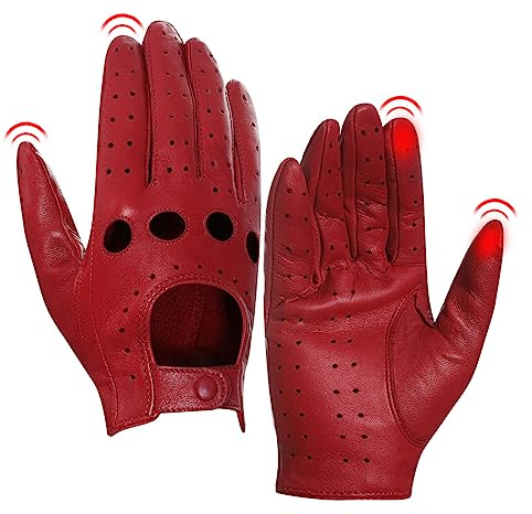 Harssidanzar Gants de Conduite en Cuir pour Femmes - Peau de Mouton, Écran Tactile, Non Doublés - Rouge, Taille L