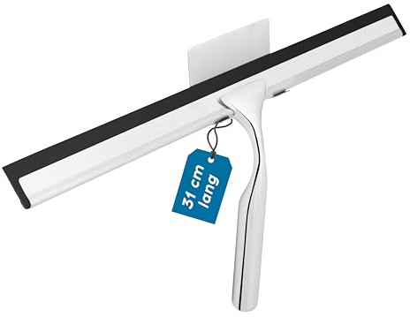 kowald Rasqueta limpiacristales - Acero Inoxidable Cromado - 31cm de Ancho - con Gancho Adhesivo y 1 Hoja de Silicona de Repuesto - para Ducha y Mampara Profesional