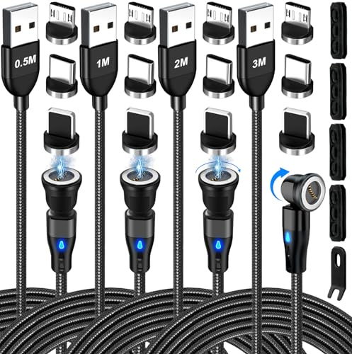 AXFEE Magnetkabel, 18 W, 4 Stück, um 540 ° drehbar, 3-in-1 mit Schnellladung 3 A und Datenübertragung, für Micro USB/Typ C/I-P, Laptop, Smartphone (0,5 m + 1 m + 2 m + 3 m)