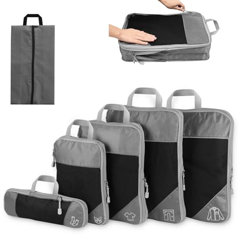 FAEFTY Packing Cubes Compression, Packwürfel Koffer Organizer Set Kompression 6-teilig, Packtaschen Erweiterbar Kofferorganizer Reise Kleidertaschen Verpackungswürfel für Koffer Rucksack, Grau
