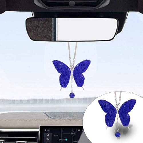 Bling Butterfly Diamond Car Hanging Accessories, Crystal Butterfly Rear View Mirror Luck Car Decoration Accessories for Women, Valentine's Day Presents Ornament Pendant for All Cars (Dark Blue)