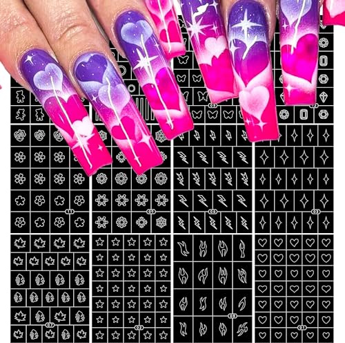 MOLILON Airbrush Stencils for Nails, Heart Star Flower Butterfly Flame Air Brush Nail Stickers Decals Printing Templates Stencil Tool Hollow Nail Art Stickers (294 Designs, 12 Sheets), Style 1