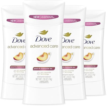 Dove Advanced Care Antiperspirant Deodorant Stick Peach & Chamomile Tea 4 Count for helping your skin barrier repair after shaving 72 hour odor control and all-day sweat protection 2.6 oz