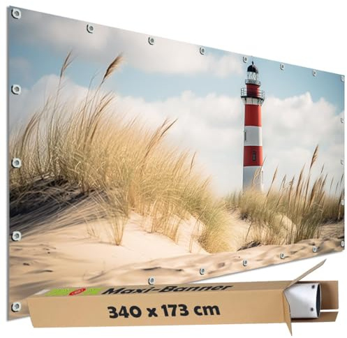 TRIOSK Große Motivplane Sichtschutz Zaunblende mit Motiv Leuchtturm Dünen Sand Strand Motivbanner Garten Deko Plane Blickdicht für Zaun Terrasse Gartenzaun Zaunplane PVC 340x173 cm
