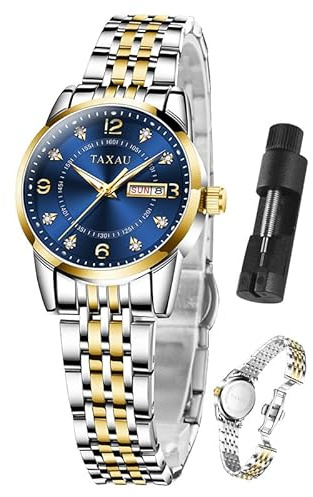 Taxau Armbanduhr Damen Edelstahl, Kleine Damenuhr mit Arabischen Ziffern, Quarzuhr Damen mit Datum, Easy Read Zifferblatt, 3 Bar Wasserdicht, Elegante Uhr für Frauen