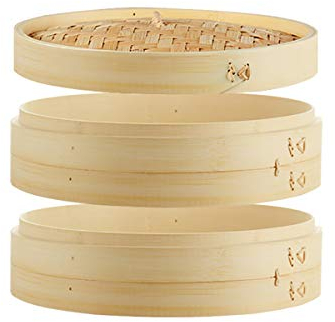 ANSNOW Vaporera de Bambú, 2 Jaulas Y 1 Tapa Profundidad Interna de 5,8 cm a 6 cm para Cocina Tradicional para Arroz Dim Sum Verduras Carne Y Pescado Al Vapor/28Cm