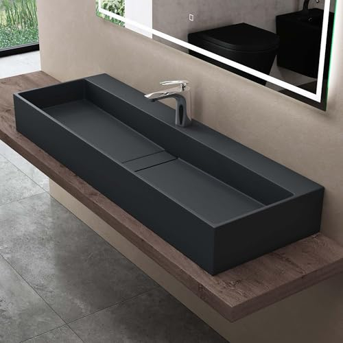 doporro Waschbecken Hängewaschbecken in Anthrazit matt Aufsatzwaschbecken 120x40x14 cm aus Mineralguss Waschtisch mit Armaturloch Colossum6028