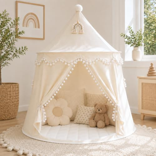 LIONHERZ® DAS ORIGINAL Spielzelt Baumwolle/Hanf | Kinderzelt Tipi Indoor | inkl. Bodenmatte, Deko-Regenbogen & Tragetasche | stabil durch Fiberglasstangen | atmungsaktiv | Tippi | Mädchen & Jungen