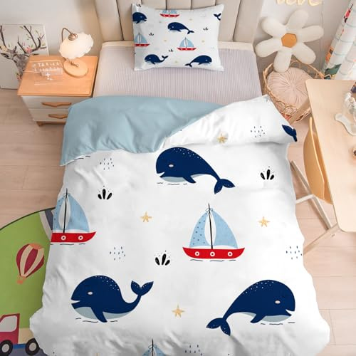 Linfye Parure de lit pour Enfant et BéBé Baleine Bleue Housse de Couette 100x135 cm Bebe et Taie d'oreiller 40x60 cm, Bateau Blanc Réversible Ensemble de Literie Linge de Lit pour Tout-Petits