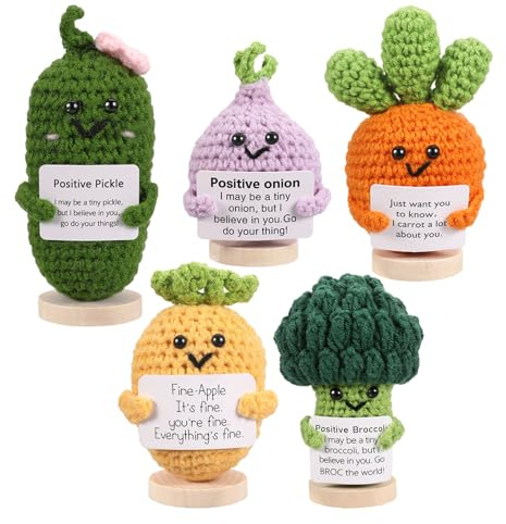 ASMPCUE 5er Set Pocket Hug Positive Doll, Creative Knitting Wool mit Holzsockel, Stressabbau Fluffy Stuffies Lucky Charm Courage, Get Well Gift, Cheer Up School Gift (5er Doll Set)