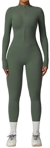 Belriviere Women Long Sleeve Workout Jumpsuit Zip Up Romper Bottom Pants Bodysuit Bodycon Athletic Sexy One Piece Outfit S Green