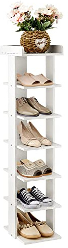 JF HOME BLISS 7-Tier Narrow Shoe Rack, Tall Shoe Shelf Organizer, Freestanding Ladder Design for Corner Storage, White