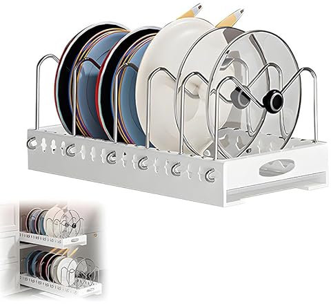 Gemsaya Topfdeckelhalter, Topfdeckel Aufbewahrung mit 6 Verstellbaren Fächern, Deckelhalter Schublade für Topfdeckel Schneidebretter Teller und Pfannen, Pot Lid Holder mit Ablaufschale, Weiß