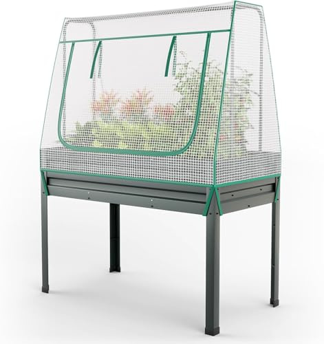 FANTASK 3 in 1 Hochbeet mit Abdeckung und Spalier, Pflanzkasten aus verzinktem Metall mit Ablauflöchern, Gewächshaus mit Rolltür