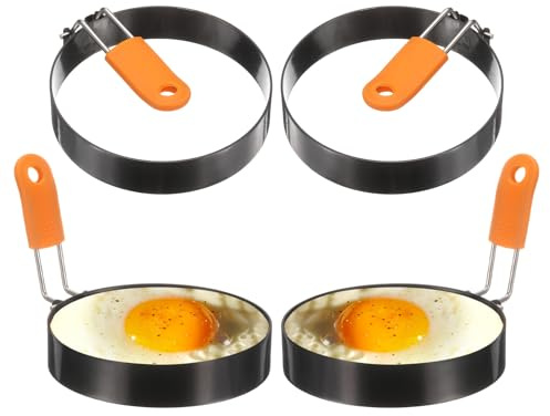 QUARKZMAN 4Pcs Anillos Para Huevos 4 Acero Inoxidable Antiadherente Anillo Para Cocinar Tortitas Con Mango De Silicona Para Plancha Huevos Fritos Sándwiches Tortillas Desayuno