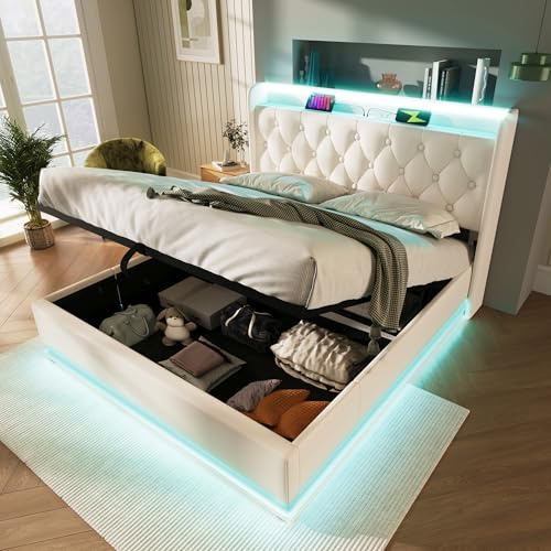 Huayz Polsterbett 140x200, LED Doppelbett mit Stauraum und Lattenrost, Kopfteil mit Staufach und USB-Ladefunktion, Hydraulisch Stauraumbett Rückenlehne, ohne Matratze (Weiß - A, 140×200cm)