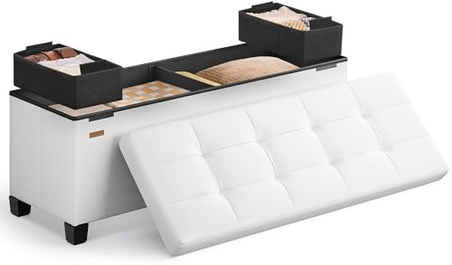 SONGMICS Puff Almacenaje, Banco Plagable con Patas, 38 x 110 x 40 cm, Reposapiés, 112 L, PVC, para el Dormitorio, Sala de Estar, Blanco Nube LSF0514W02