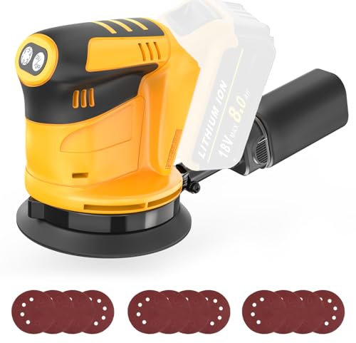 Random Orbit Sander Compatible with Dewalt Battery, 6 Variable Speed Orbital Hand Sander, 125mm Rotary Sanders Brushless with 12x Sandppaers, for Sanding and Polishing (Tool Only, No Battery)