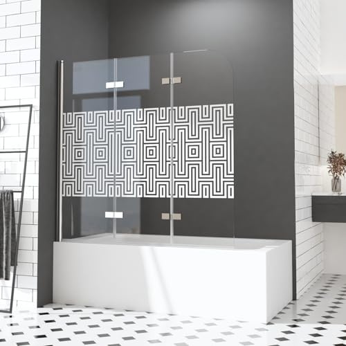 Duschwand für Badewannen mit Weißes Dekoratives Rücklaufmuster 120 x 140 cm 3 teilig faltbar Duschabtrennung Sicherheitsglas hell Duschwand Duschabtrennung Nano Glas