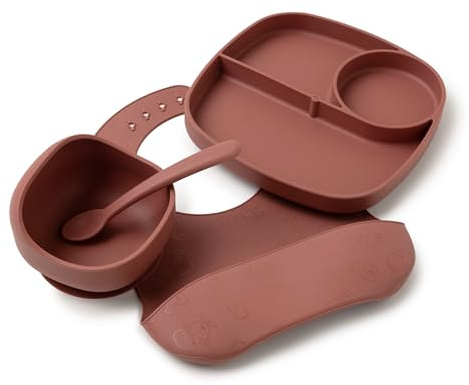 Muchmellow - Set Pappa Silicone MADE IN ITALY 4 Pezzi, Ciotola con Ventosa Anticaduta, Piatto, Cucchiaio, Bavaglino Regolabile, Svezzamento, Plastic Free, BPA Free, Lavabile Lavastoviglie (Rosso)