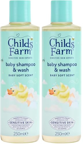 Childs Farm Baby Shampoo & Body Wash, Baby Soft Scent, Tear-free | Gently Cleanses & Soothes | Suitable for Newborns with Dry, Sensitive Skin, 250ml (Pack of 2)