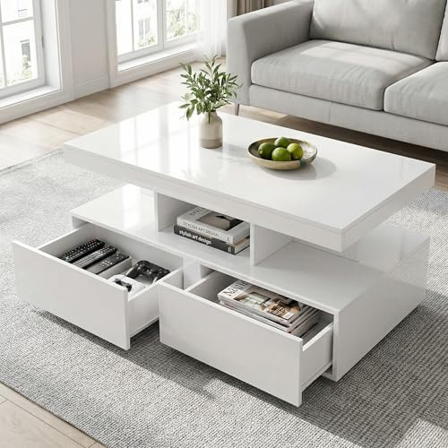 BRYXR Couchtisch mit LED Beleuchtung, Hochglanz Wohnzimmertisch mit 2 geräuschlosen Schubladen und Offenem Fach, Eleganter Beistelltisch für Wohnzimmer und Büro (Weiß)