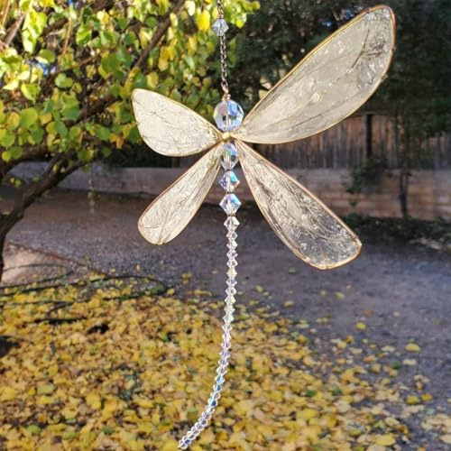 Jorzer Dragonfly Suncatchers, 6x6 Dragonfly Suncatchers Crystal with Beading, Elegant Rustic Hanging Decor for Window, Home, Office, Garden, Car Decor