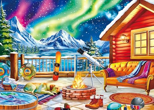 500 Teile Puzzle für Erwachsene – Winter-Puzzle – Gemütliche Hütte mit Polarlichtern