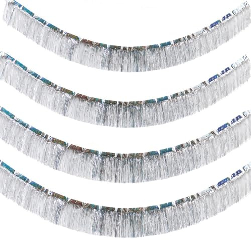 Lot de 4 guirlandes à franges en aluminium argenté - 35 x 200 cm - Rideau à paillettes - Décoration à suspendre pour mariage, anniversaire, fête à thème, Noël, fête (argent 1)