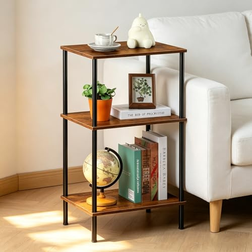 UOMIO Table d’appoint Haute à 3 Niveaux, Grand Espace de Rangement pour Salon et Petit Espace 76 cm, Table de Chevet Bureau, Design Industriel en Bois et Métal - Marron