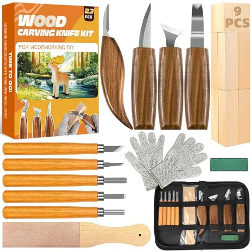 K KERNOWO Woodcraft Set 23PCS Wood Tools Kit for Whittling & Carving, DIY Beginners and Enthusiasts Woodworking Kit Including Basswood Blocks, PU Storage Bag