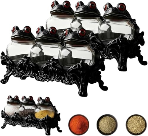 Witchy Frog Apothecary Spice Jars, Gothic Food Storage Containers, with Frog Lids, Unique Witch Spice Jars, Kitchen Storage for Spices, Herbs, Tea, Salts, Fun Home Decor (2 Sets-6 PCS)