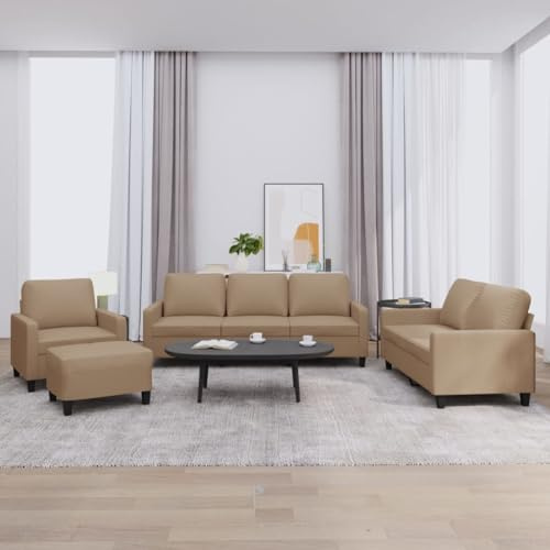Ziaphsol 4-TLG. Sofagarnitur, Cappuccino-Braun, Kunstleder, Robustes Metallgestell, mit 6 Kissen, für Wohnzimmer, langlebig, schmutzabweisend, 1 Sessel, 1 Zweisitzer, 1 Dreisitzer, 1 Fußhocker