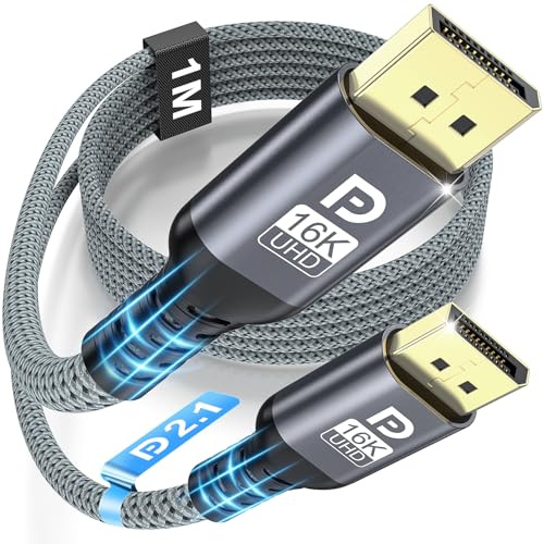 DisplayPort-Kabel 2.1 16K, DP-Kabel 1 m för Spel, 16K@60Hz/8K@120Hz/4K@240Hz/165Hz/144Hz, Stödjer 80Gbps, HDR, FreeSync, G-Sync, DSC 1.2a, HDCP 2.2 för PC, HDTV, Monitor, Laptop, Grafikkort
