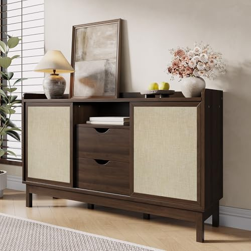 NADEUSAK Credenza Natura 80 x 150 cm, porte scorrevoli, doppio cassetto, adatto per soggiorno e sala da pranzo, mobili multifunzionali