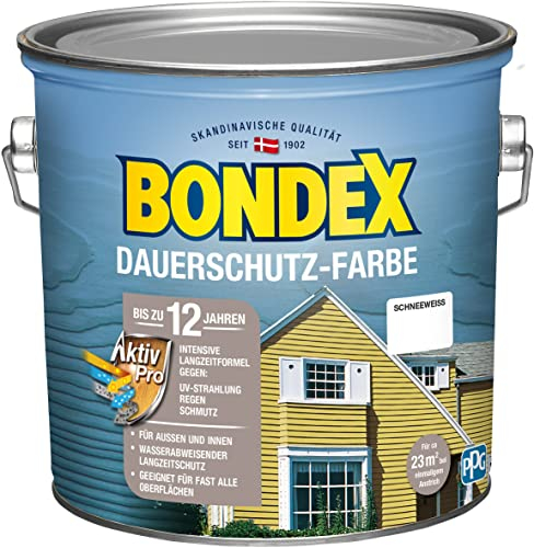 Bondex Dauerschutz Farbe Schneeweiß 2,5 L für 22,5 m² | Hervorragende Farbstabilität | Wetter- und UV-Schutz - bis zu 12 Jahre | Seidenglänzend | Dauerschutzfarbe | Holzfarbe