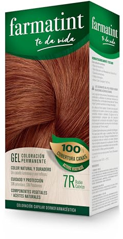 Farmatint Gel 7R Rubio Cobrizo, Tinte Cabello Sin Amoníaco, 135 ml | Coloración Origen Vegetal, Aceites Naturales, Sin Parafinas ni Amoníaco, Cubre 100% Canas, Dermatológicamente Testado