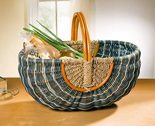Dekoleidenschaft großer Einkaufskorb aus Rattan geflochten, blau/natur, Flechtkorb, Autokorb, Tragekorb, Rattankorb, Picknickkorb