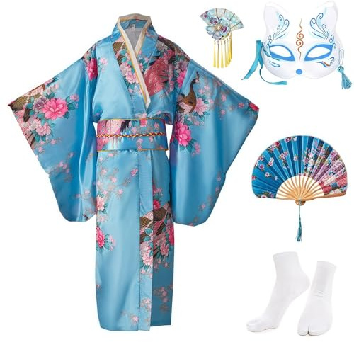 KRUIHAN Yukata, barn, vintage, japansk stil, flicka, kimono, klänning, traditionella kläder, silkestyg, rock, bröllopskläder, fest, föreställningsklänning, BLÅ, 140 cm