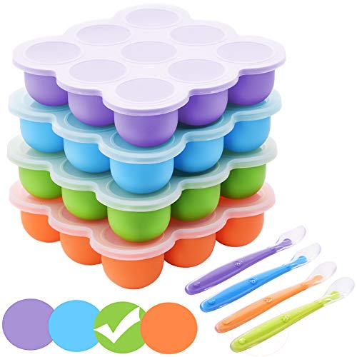 Congélation Bébé Food Rangement Nourriture, Boîte de Rangement Congelée Pour Aliments Pour Bébés en Silicone avec Couvercle Hermétique et Cuillère de Sevrage, pour Lait Maternel, Purée, Whisky, Glace