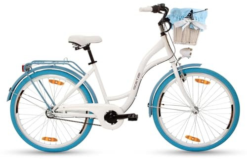 Goetze Style 26 Zoll Citybike, 17 Zoll Tiefeinsteiger Rahmen, 3-Gang Nabenschaltung, Rücktrittbremse, V-Bremse vorne, LED-Beleuchtung, Rattankorb, Komfortsattel, mit Seitenständer & Klingel