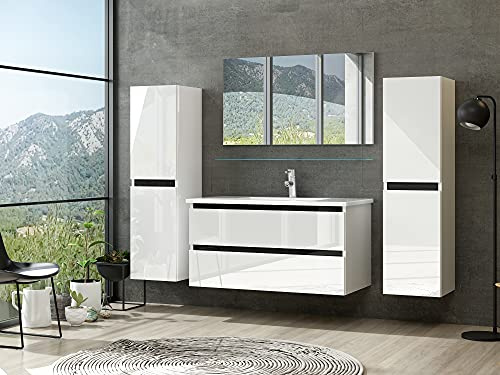 Homeline Badmöbel Set mit Schubladen Glas ablage (Dennis Weiss, 90 cm 1x Hochschrank)