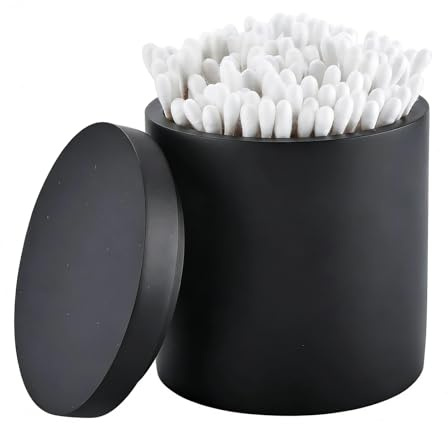 Rzoeox Cotton Swab Holder with Lid, Round Qtip Holder Bathroom Black, Resin Cotton Ball Canister Jar Cosmetics Makeup Countertop Organizer Containers Canister Apothecary Jar, Matte Black