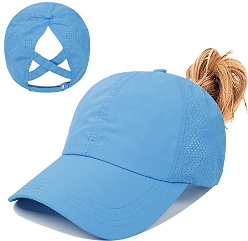 Gorra de Béisbol Mujer Cola de Caballo,Ponycap de High Messy Bun,Verano Transpirable Gorra Secado rápido del Deporte,Ajustable Buckle,Malla Transpirable Casuales (Azul)