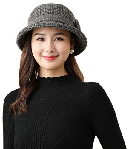 Damen Winter Wollfilz Mütze Vintage Cloche Hüte Derby Kleid Hüte Klassisch Fedora Hut Bowler Kirche Hüte Fischerhut Herbst Eleganter Breite Krempe Schlapphut mit Schöner Fliege für Mädchen Frauen