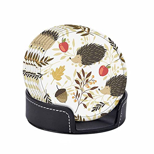 Igel-Getränkeuntersetzer mit Halter, 6 Stück, niedliches Wildtier, gelbes Blatt, Kiefernnadeln, Tannenzapfen, PU-Leder, saugfähig, Einweihungsgeschenk für Männer, Frauen, dekorative Kaffeetassen-Unter