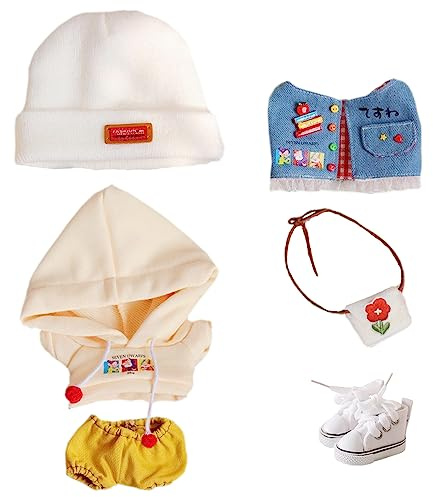 niannyyhouse 10 cm große Plüschpuppenkleidung kleine rote Blume Set Elastizität Hut Hoodie Hose Weste Rucksack Segeltuchschuhe weich gefülltes Plüschtier Dress Up (10 cm)